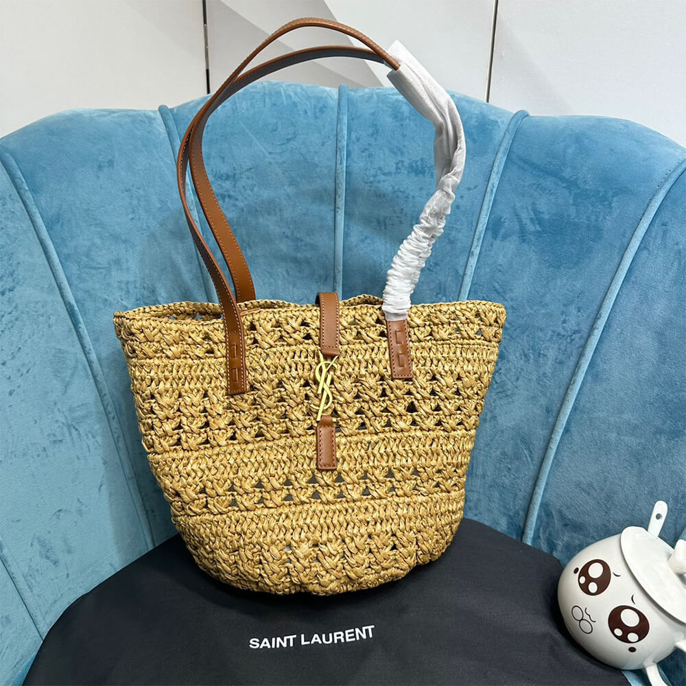 YSL Small Panier Raffia Bag In Brown
