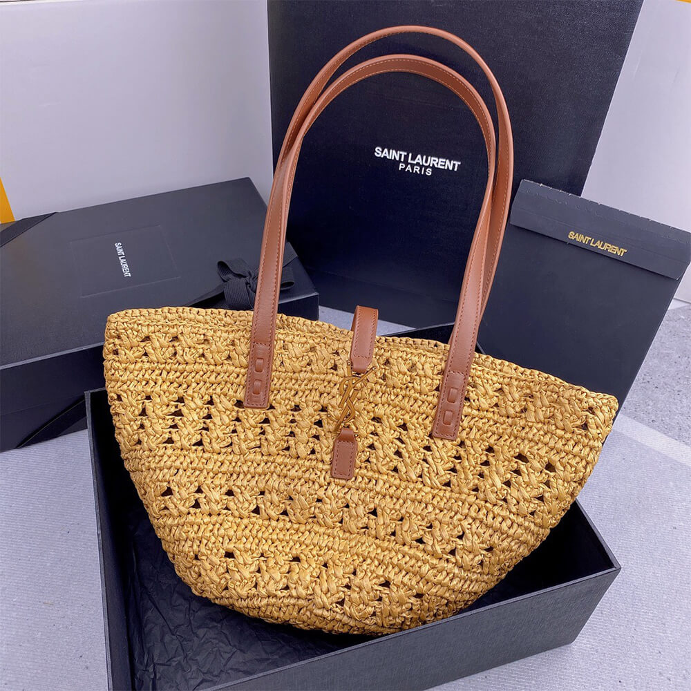 YSL Medium Panier Raffia Bag In Brown