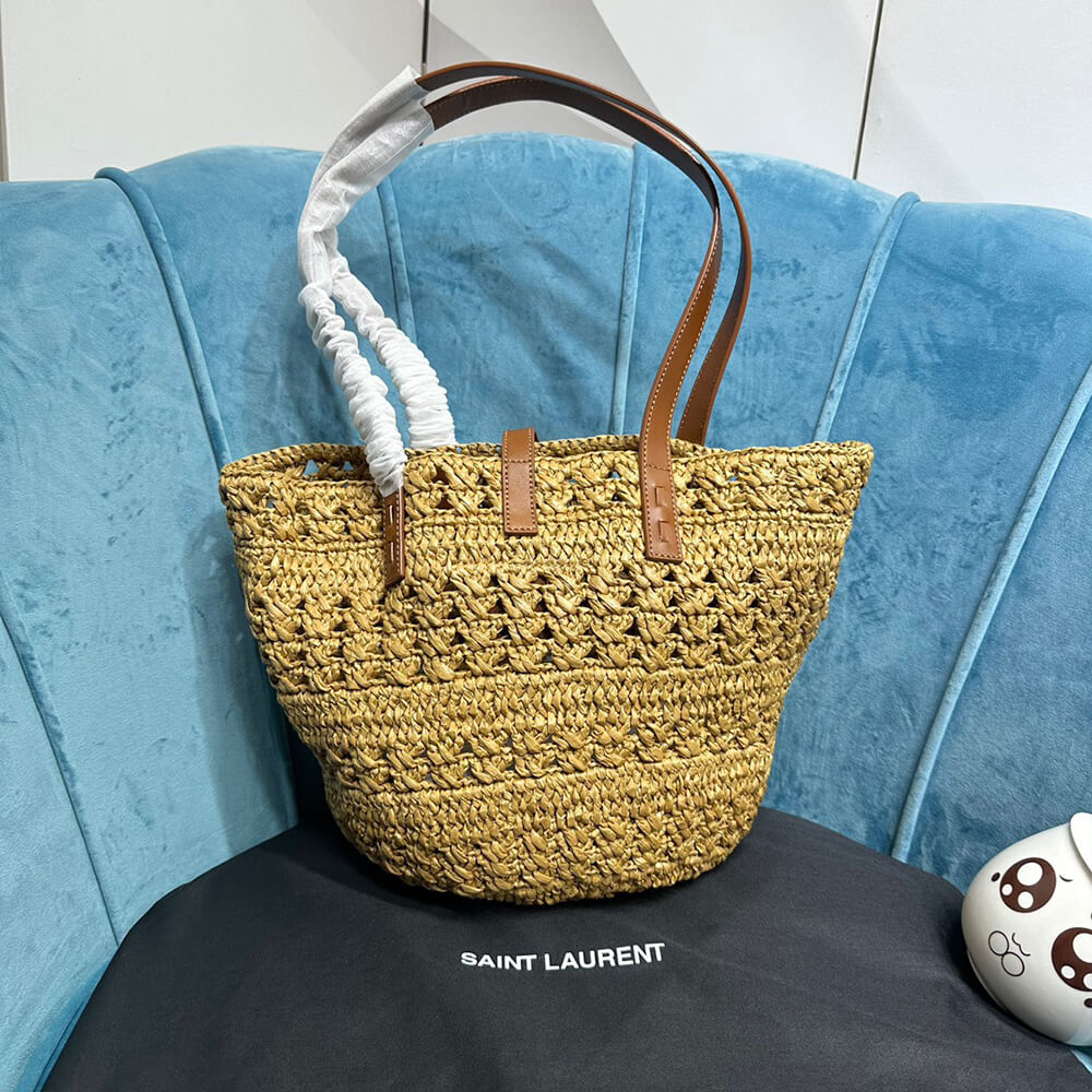 YSL Small Panier Raffia Bag In Brown