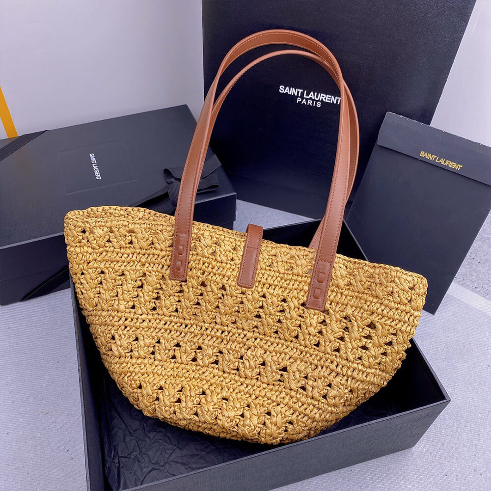 YSL Medium Panier Raffia Bag In Brown