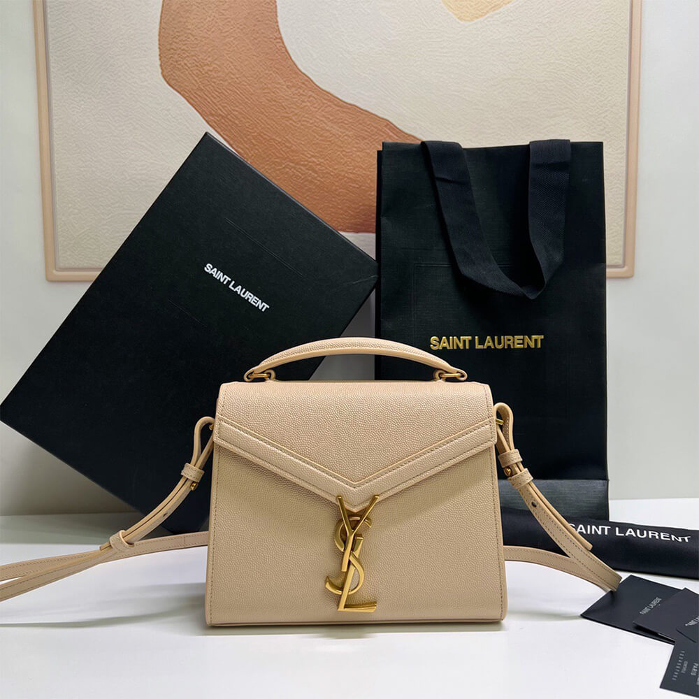 YSL CASSANDRA MINI TOP HANDLE BAG IN GRAIN DE POUDRE EMBOSSED LEATHER