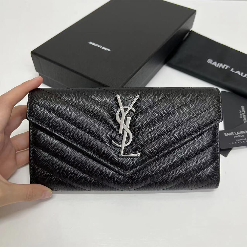 YSL CASSANDRE MATELASSÉ LARGE FLAP WALLET IN GRAIN DE POUDRE LEATHER